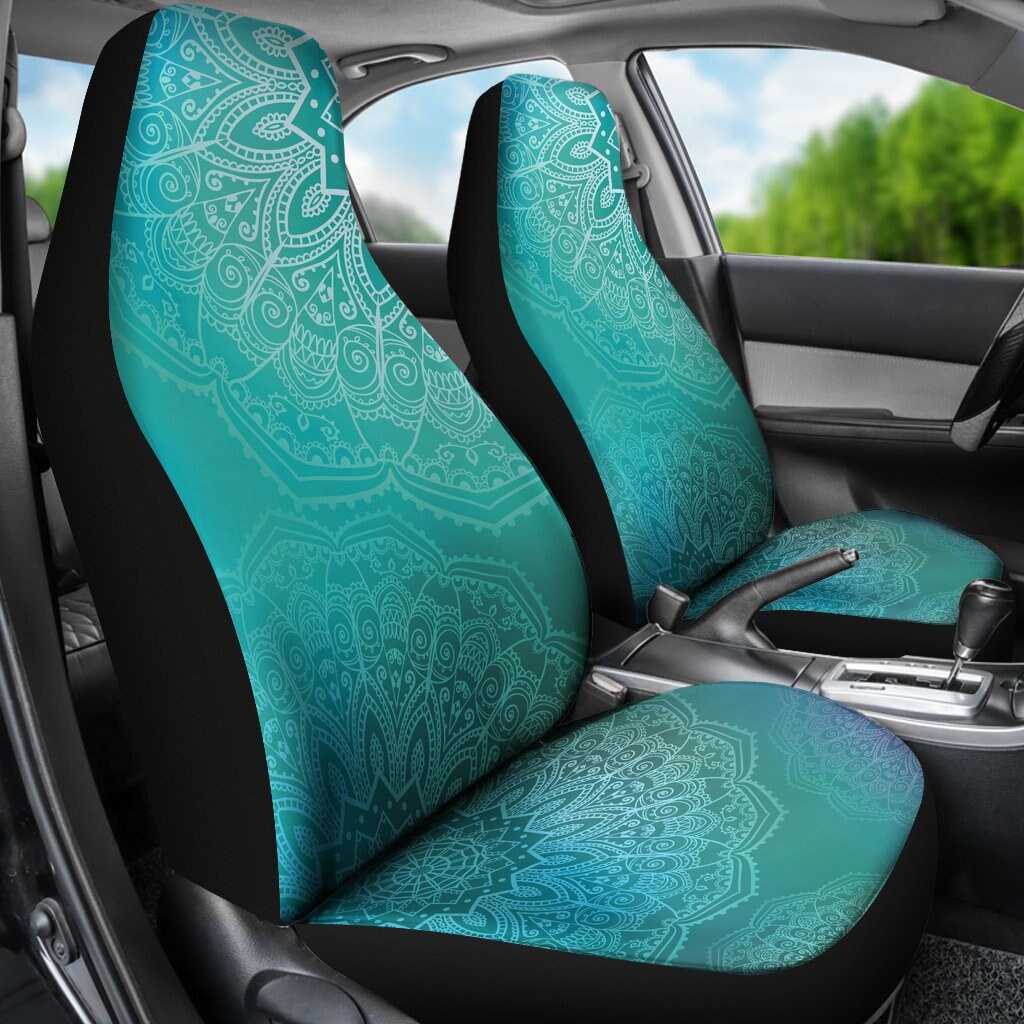 Light Green Teal Mandalas Car Seat Covers Pair, 2 Front Car Seat Covers