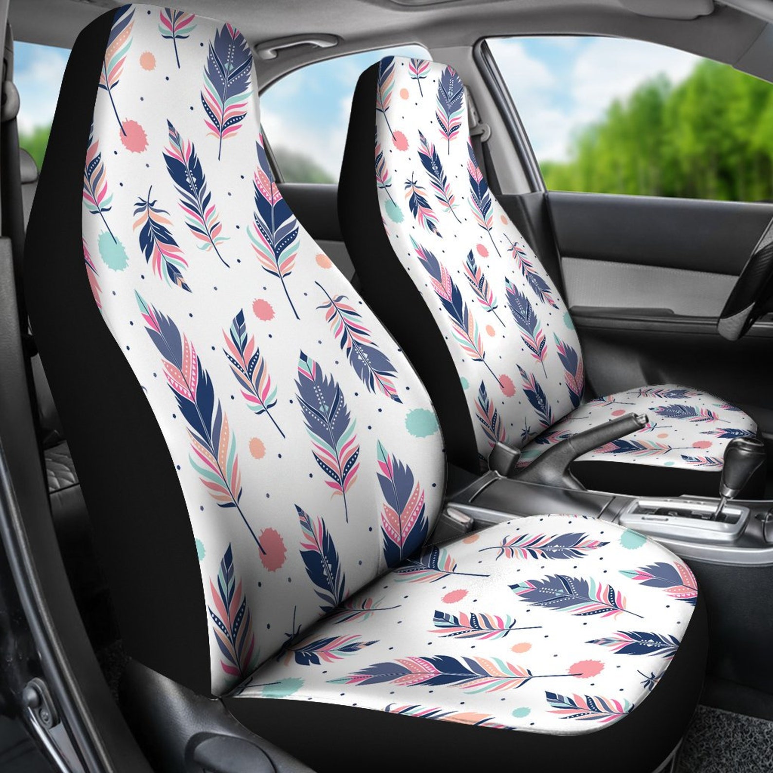 Feathers Pattern White Car Seat Covers Pair 2 Front Seat Etsy