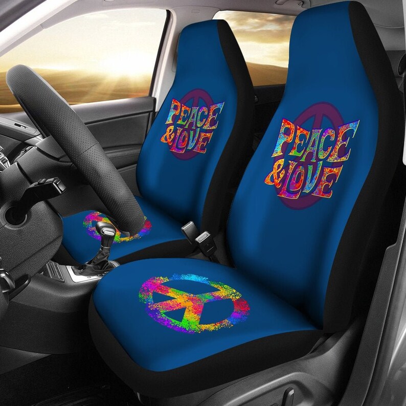 Colorful Peace Love Blue Car Seat Covers Pair 2 Front Cover For Protector Accessory