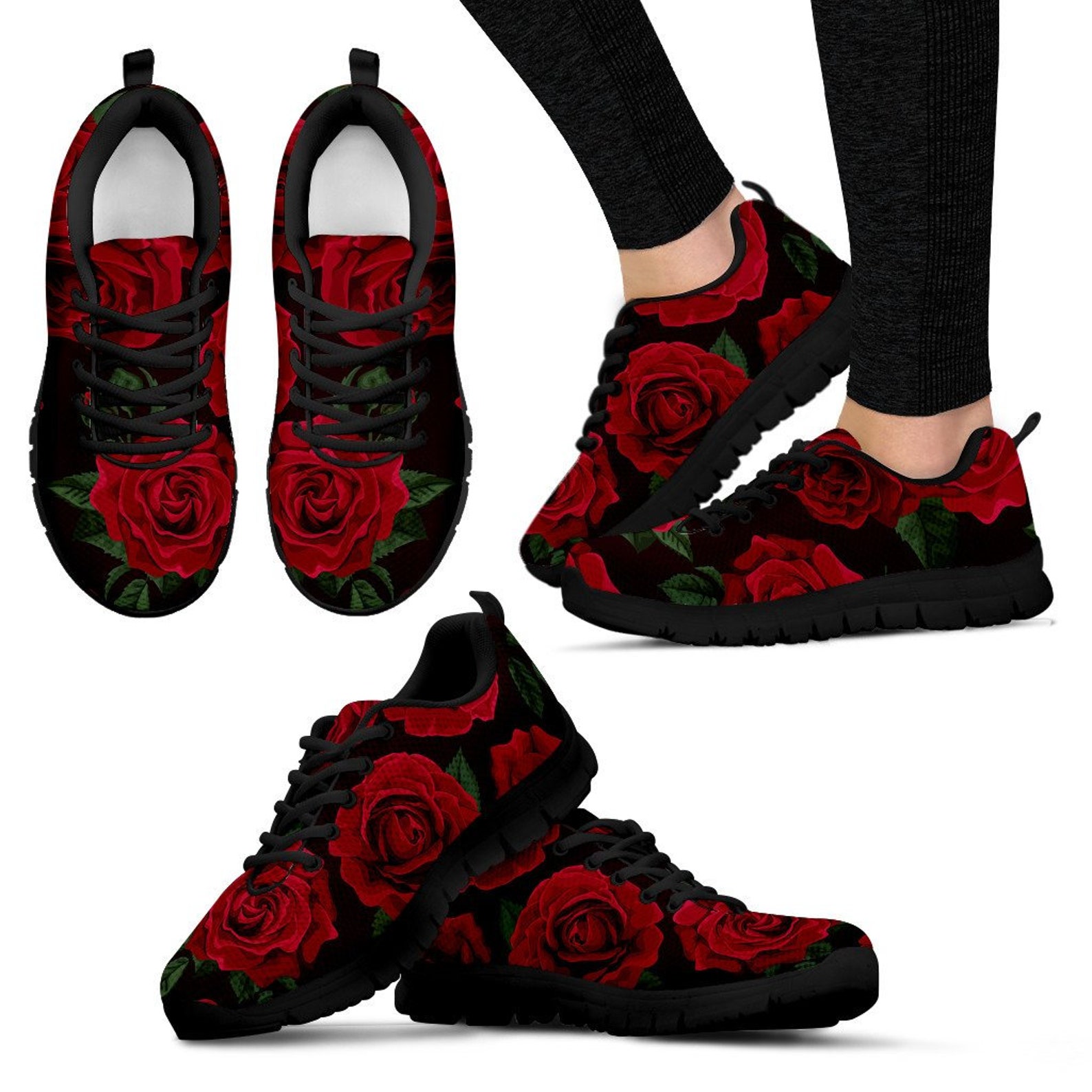 Red Roses Floral Flowers Black Sneakers Running Shoes Etsy