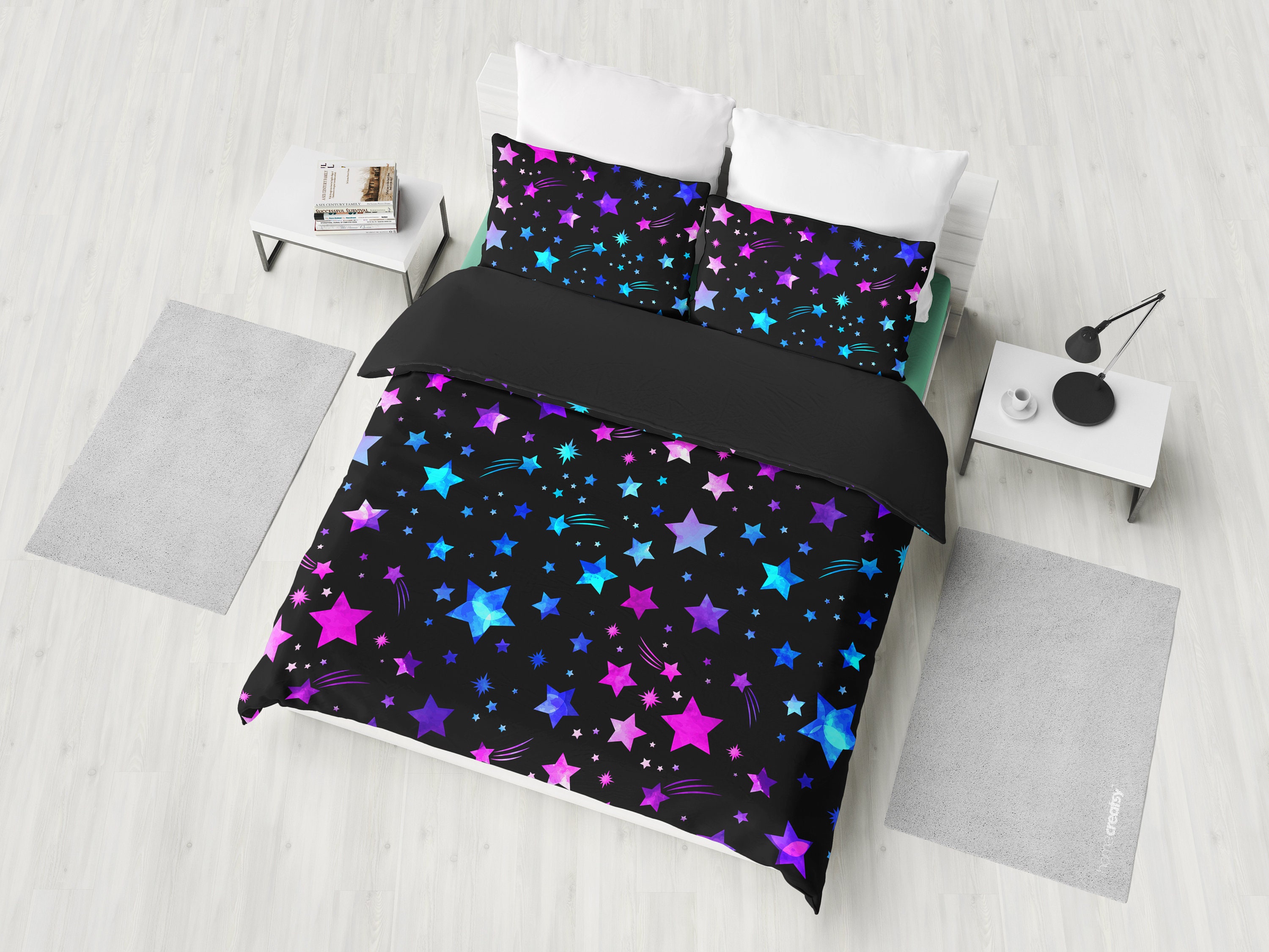 Pink Purple Stars Black Bedding Set Duvet Cover 2 Pillow Etsy