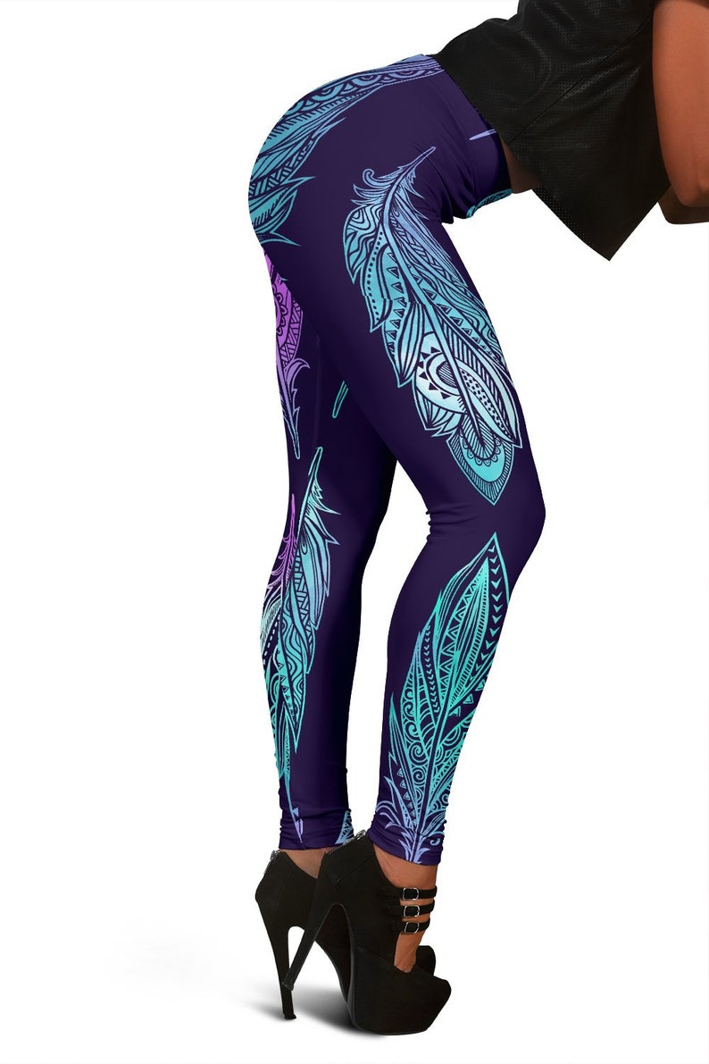 Neon Pink Purple Feathers Womens Leggings Activewear Leggings Polyester Spandex Tights Yoga Pants