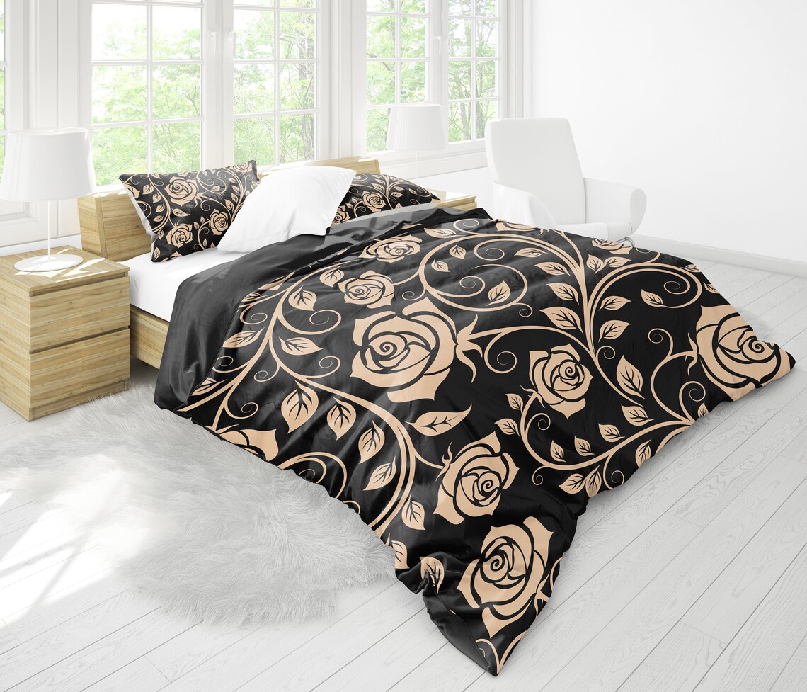 Gold Roses Flowers Floral Black Bedding Set Duvet Cover 2 Etsy