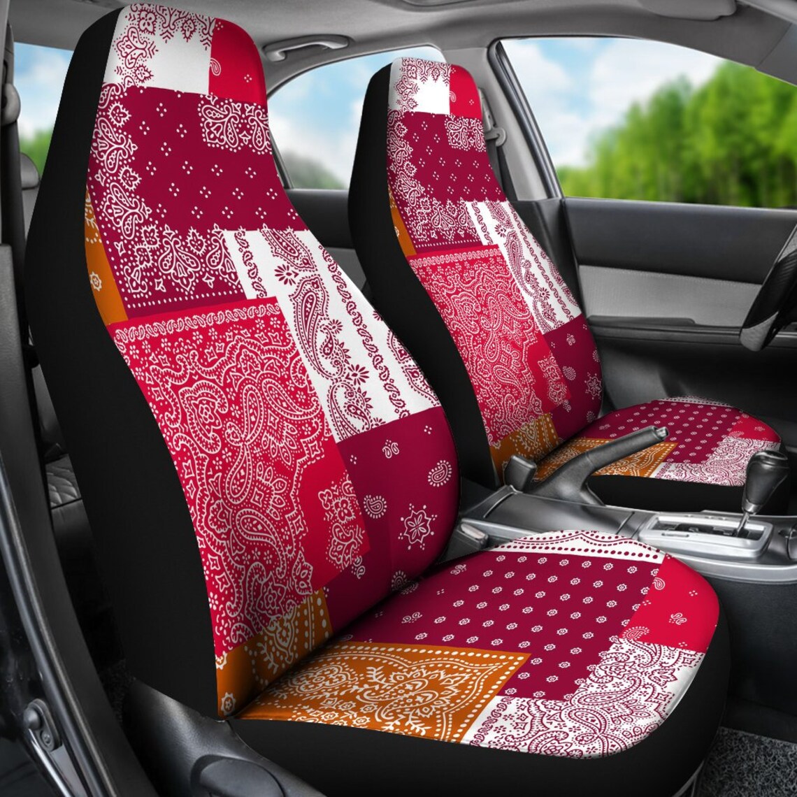 Red Oriental Asian Patchwork Car Seat Covers Pair 2 Front Etsy