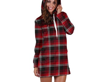 Red Plaid Womens Hoodie Dress Hooded 