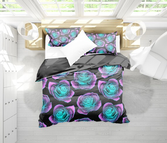 Purple Pink Roses Floral Flowers Black Bedding Set Duvet Cover 2 Pillow Cases Bedroom Decor Bedroom Set Twin Full Queen King