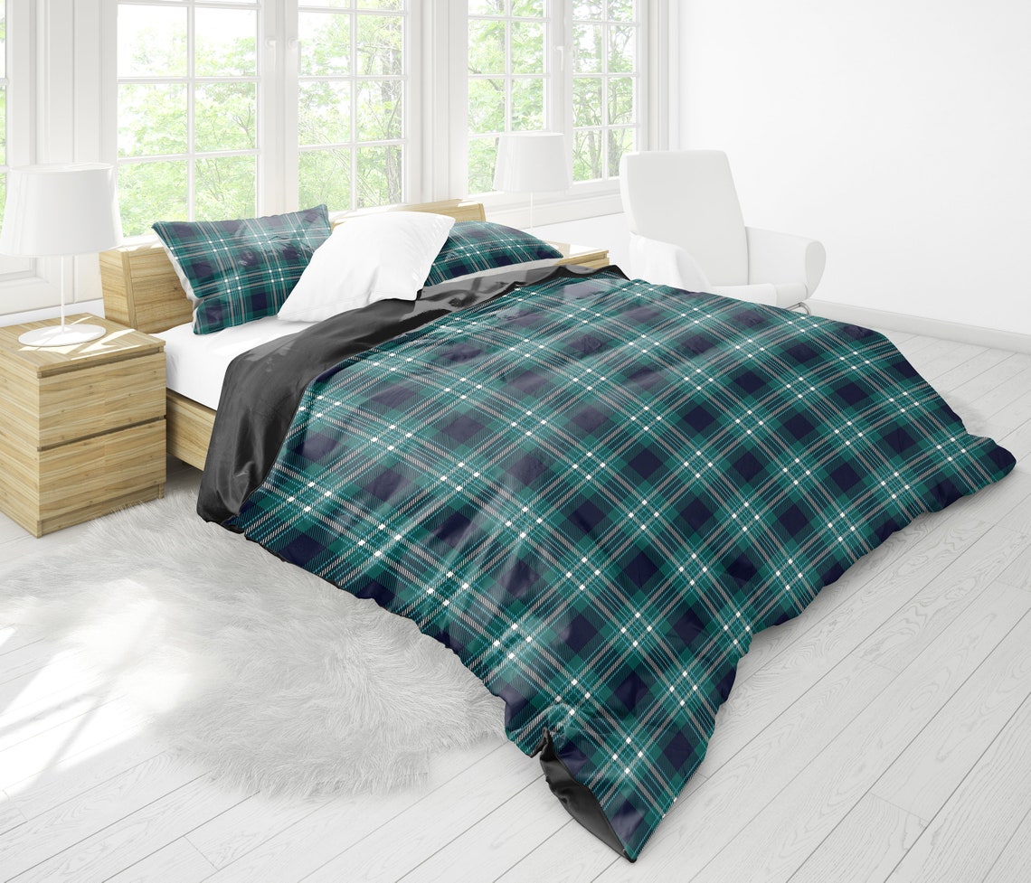 Green Plaid Bedding Set Duvet Cover 2 Pillow Cases Bedroom Etsy
