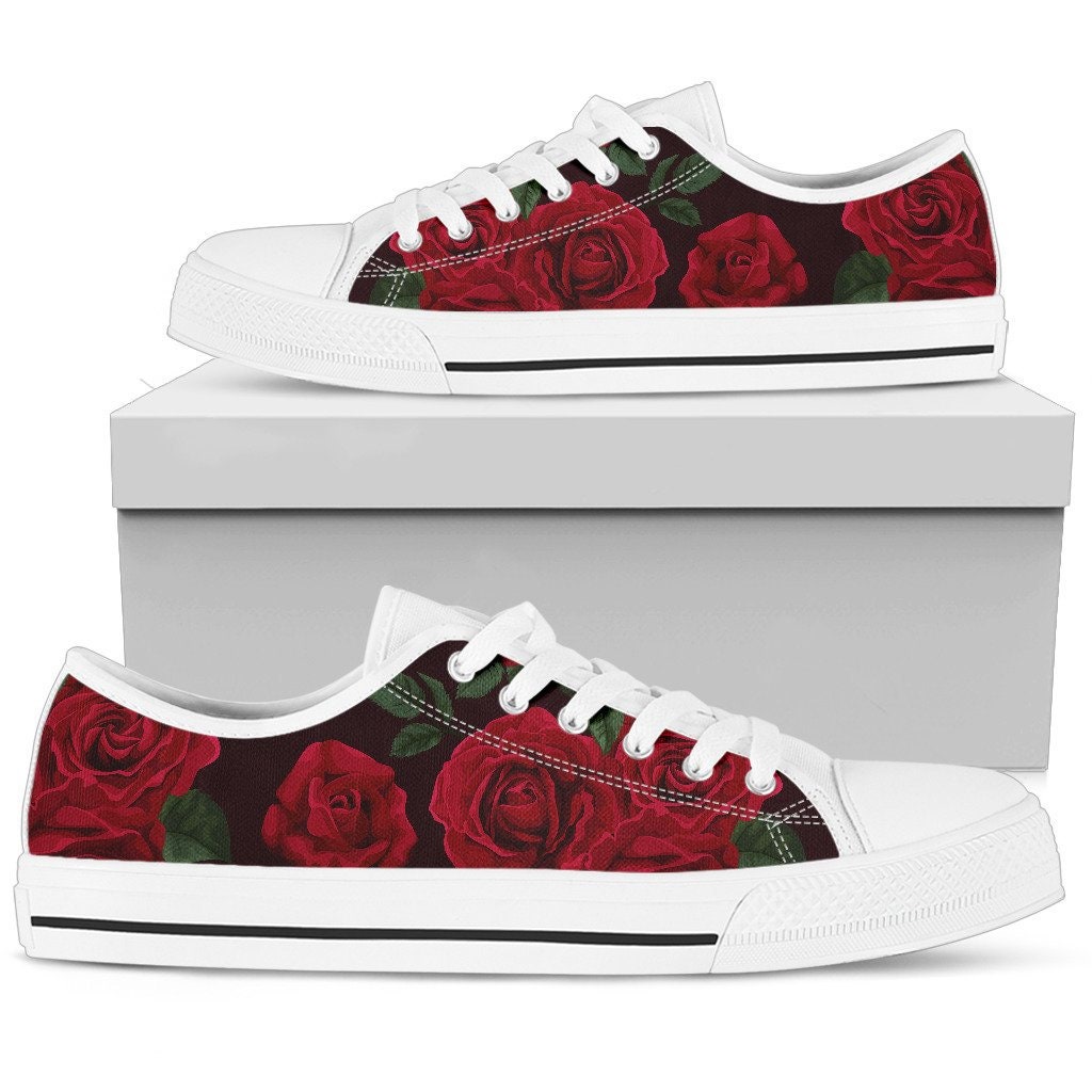 Red Roses Floral Flowers Black Low Top Shoes Sneakers Casual | Etsy