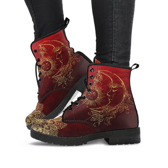 Red Sun Moon Mandala Womens Boots Vegan 
