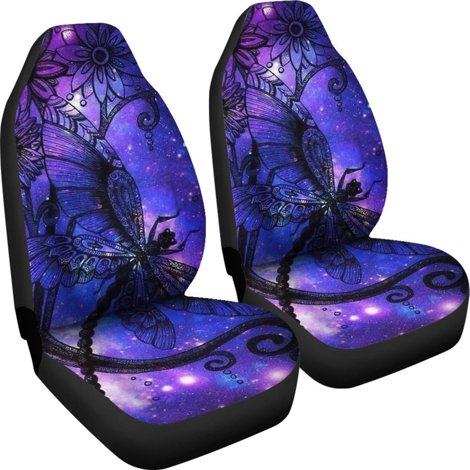 Purple Floral Flowers Dragonfly Car Seat Covers Pair 2 Front Etsy