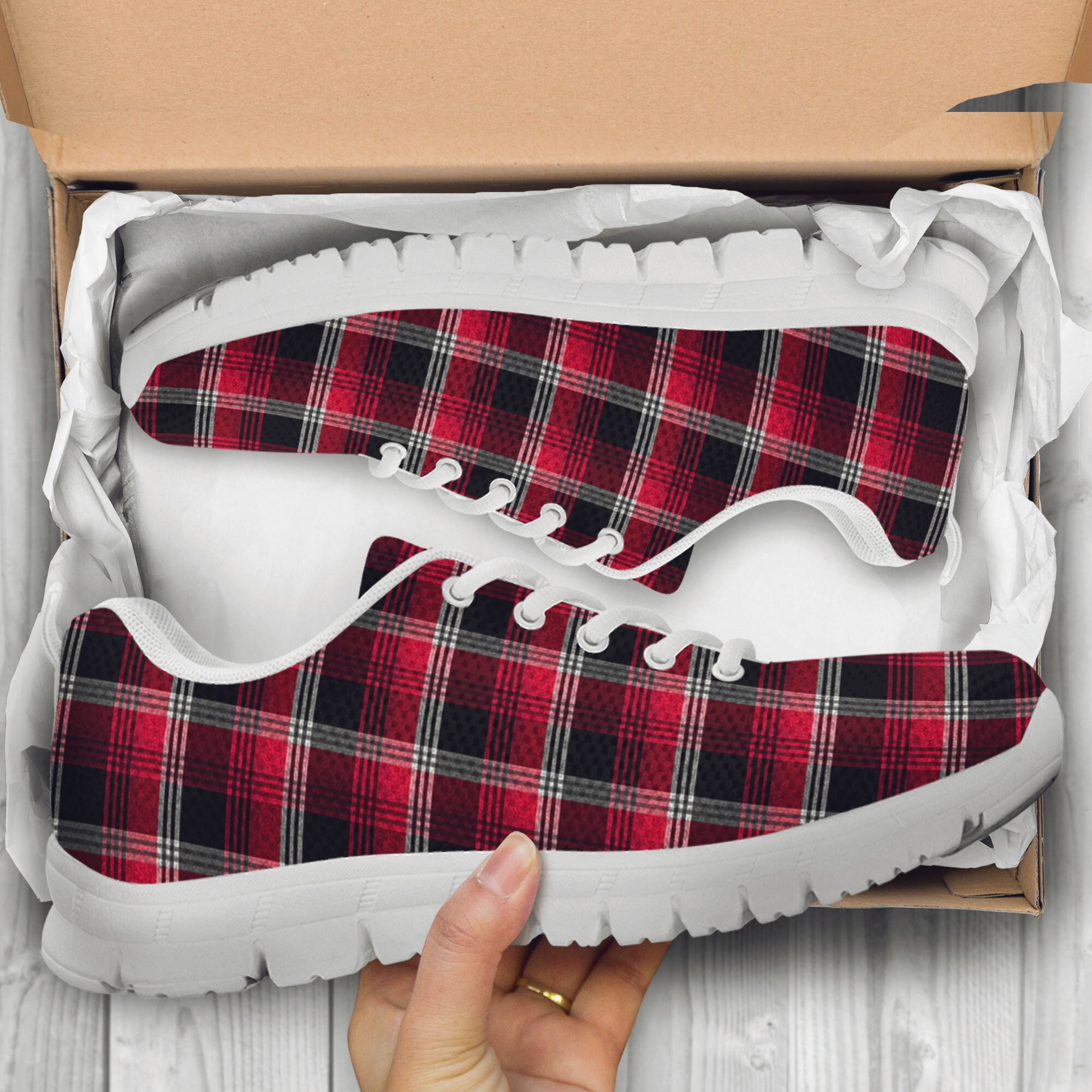 red plaid sneakers