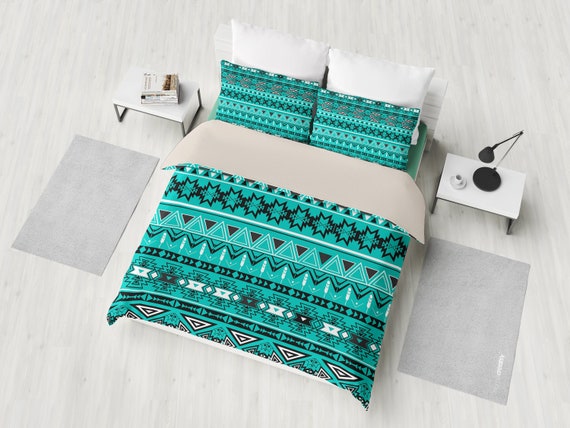 Light Green Teal Ethnic Aztec Boho Bohemian Bedding Set Duvet Light Green Teal Ethnic Aztec Boho, Aztec Bedding King