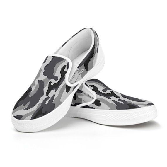 Grey Camo Camouflage Casual Slip on Shoes, Comfortable Shoes, Canvas Shoes, Day Shoes, Custom Shoes, Mens, Womens, Kids