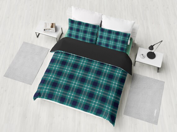 Green Plaid Bedding Set Duvet Cover 2 Pillow Cases Bedroom Etsy