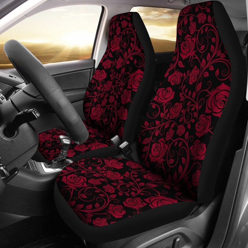 Red Burgundy Roses Floral Flowers Black Car Seat Covers Pair Etsy