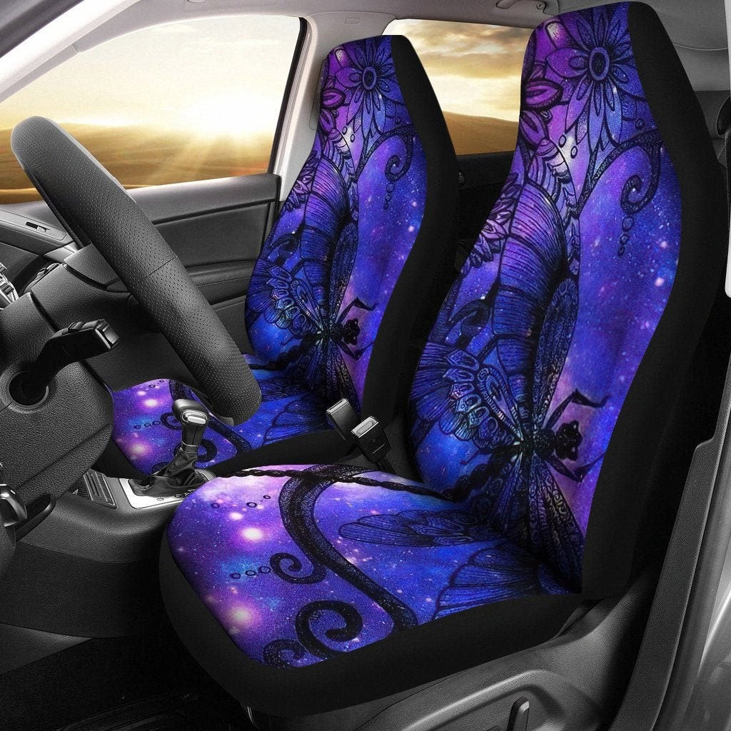 Purple Floral Flowers Dragonfly Car Seat Covers Pair 2 Front Etsy