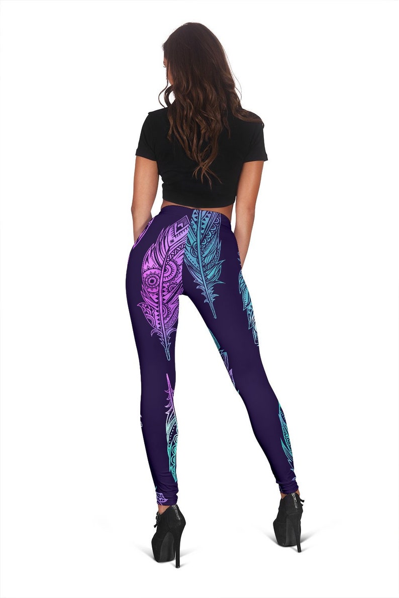 Neon Pink Purple Feathers Womens Leggings Activewear Leggings Polyester Spandex Tights Yoga Pants