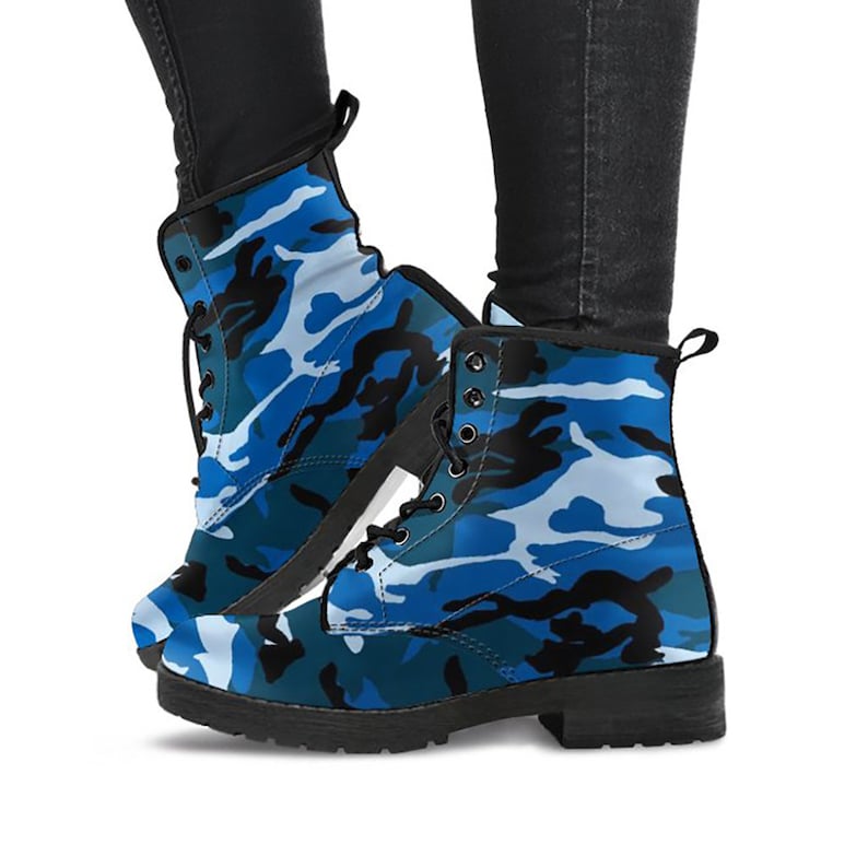 Blue Grey Camo Camouflage Womens Boots Vegan Leather Combat - Etsy