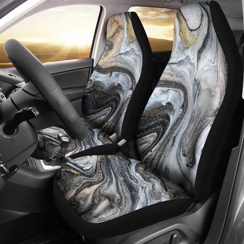 Brown Grey Gold Abstract Marble Swirls Car Seat Covers Pair 2 Front Protector Accessory