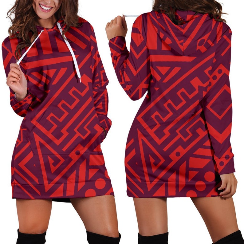 Red Tribal Polynesian Womens Hoodie Dress Hooded Sweatshirt Etsy