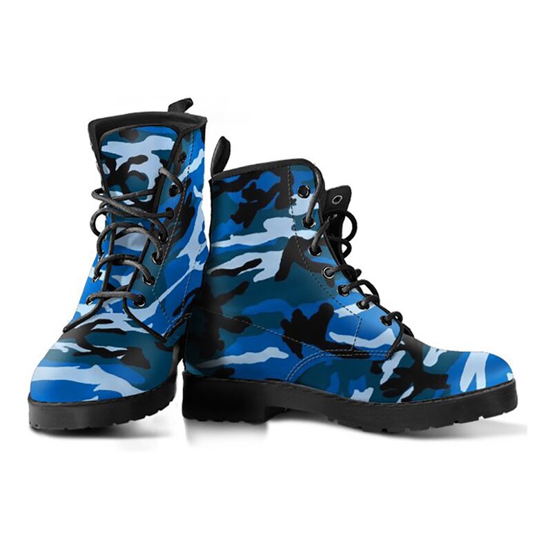Blue Grey Camo Camouflage Womens Boots Vegan Leather Combat Etsy