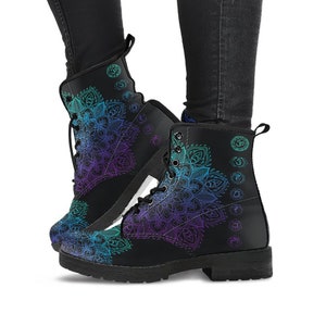 Women/'s Boots Hippie Gyspy Fairy Sun And Moon Watercolour Chakra Zen Yoga Vegan Leather Spiritual Black Pink Combat Style Boots