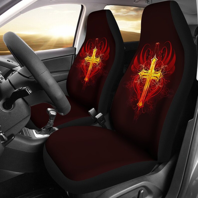 Red Wings Heart Cross Black Car Seat Covers Pair 2 Front Cover For Protector Accessory