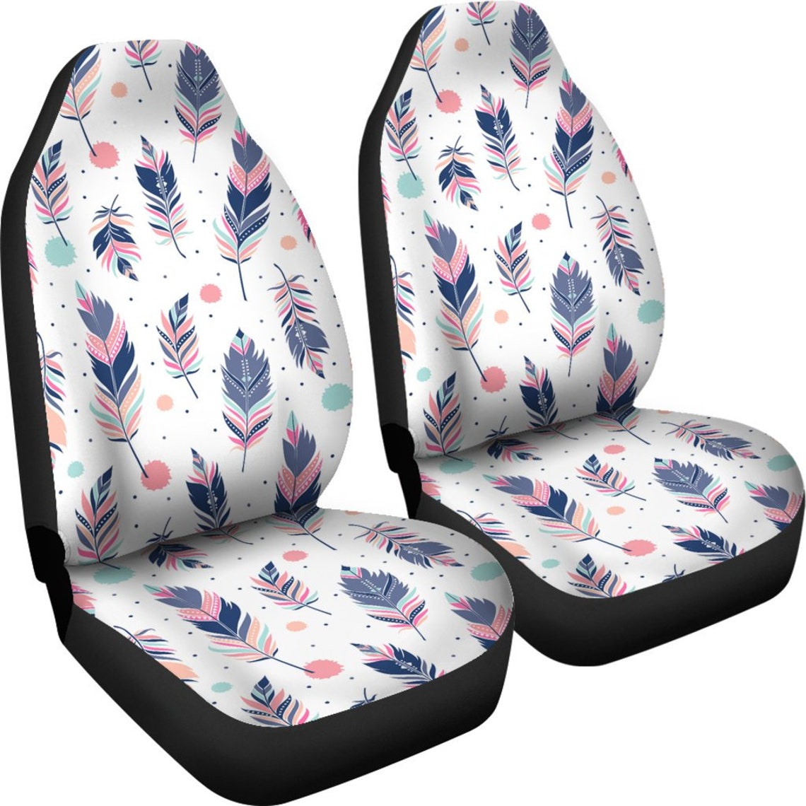 Feathers Pattern White Car Seat Covers Pair 2 Front Seat Etsy