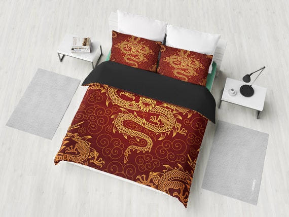Red Dragon Bedding Set Duvet Cover 2 Pillow Cases Bedroom Etsy