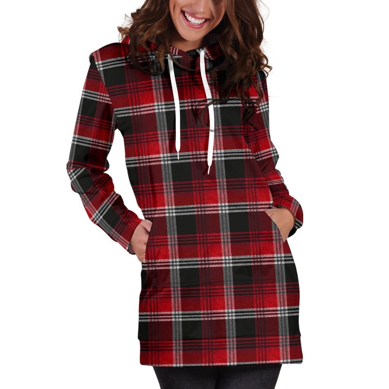 Red Plaid Womens Hoodie Dress Hooded Sweatshirt Dress Hoodie Etsy