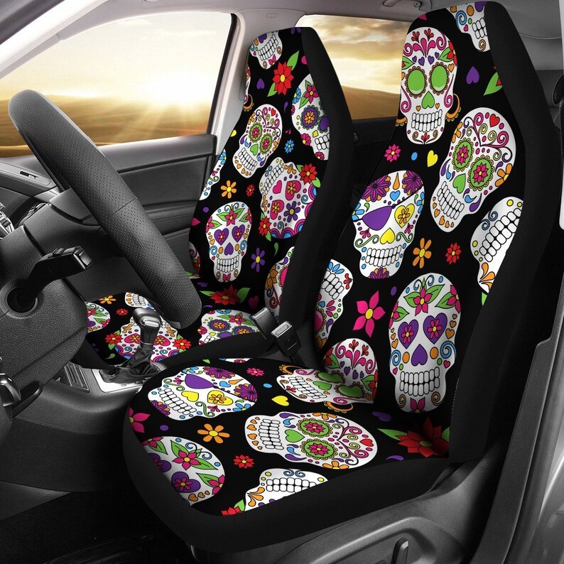 Sugar Skulls Car Seat Covers Pair 2 Front Cover For Protector Accessory Dark