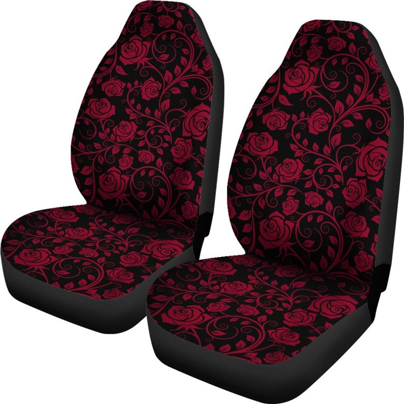 Red Burgundy Roses Floral Flowers Black Car Seat Covers Pair Etsy