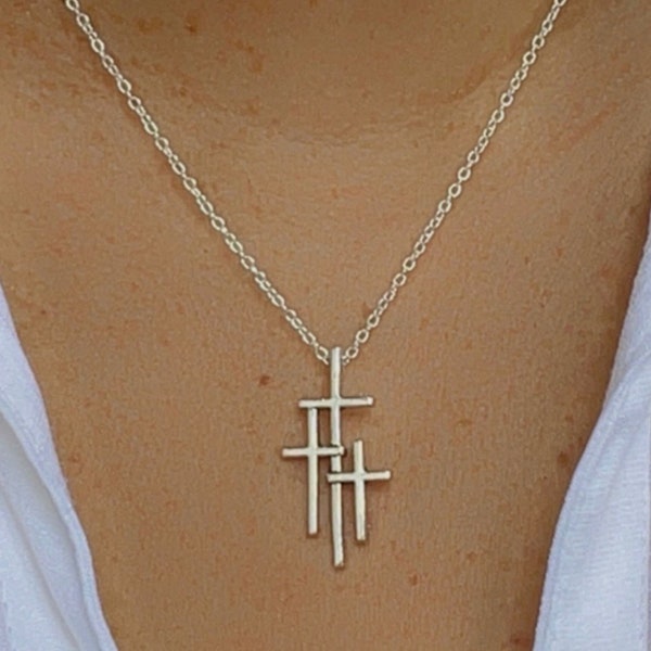 Cross Necklace, Three Crosses on Calvary Necklace, Faith Religious Christian Jewelry, Gift for Her, Triple Cross S925 Silver, Rustic Cross