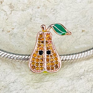 Pear Charm, Sparkling Pear Charm, S925 Stamped Rose Gold, fits European Pandora Charm Bracelet, Fruit Charm, Fruit Jewelry,