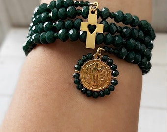 St. Benedict Bracelet, Cross Bracelet, Religious Bracelet, Memory Wire Bracelet, Cross Jewelry, Blessed Jewelry, Green Bracelet,