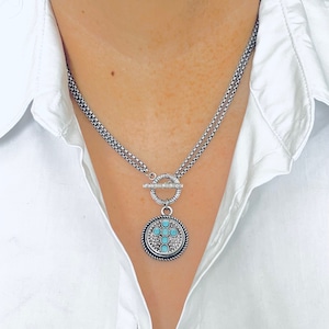Turquoise Cross Necklace, Toggle Stainless Steel Silver Necklace, Cross Jewelry, Turquoise Jewelry, Religious Jewelry,