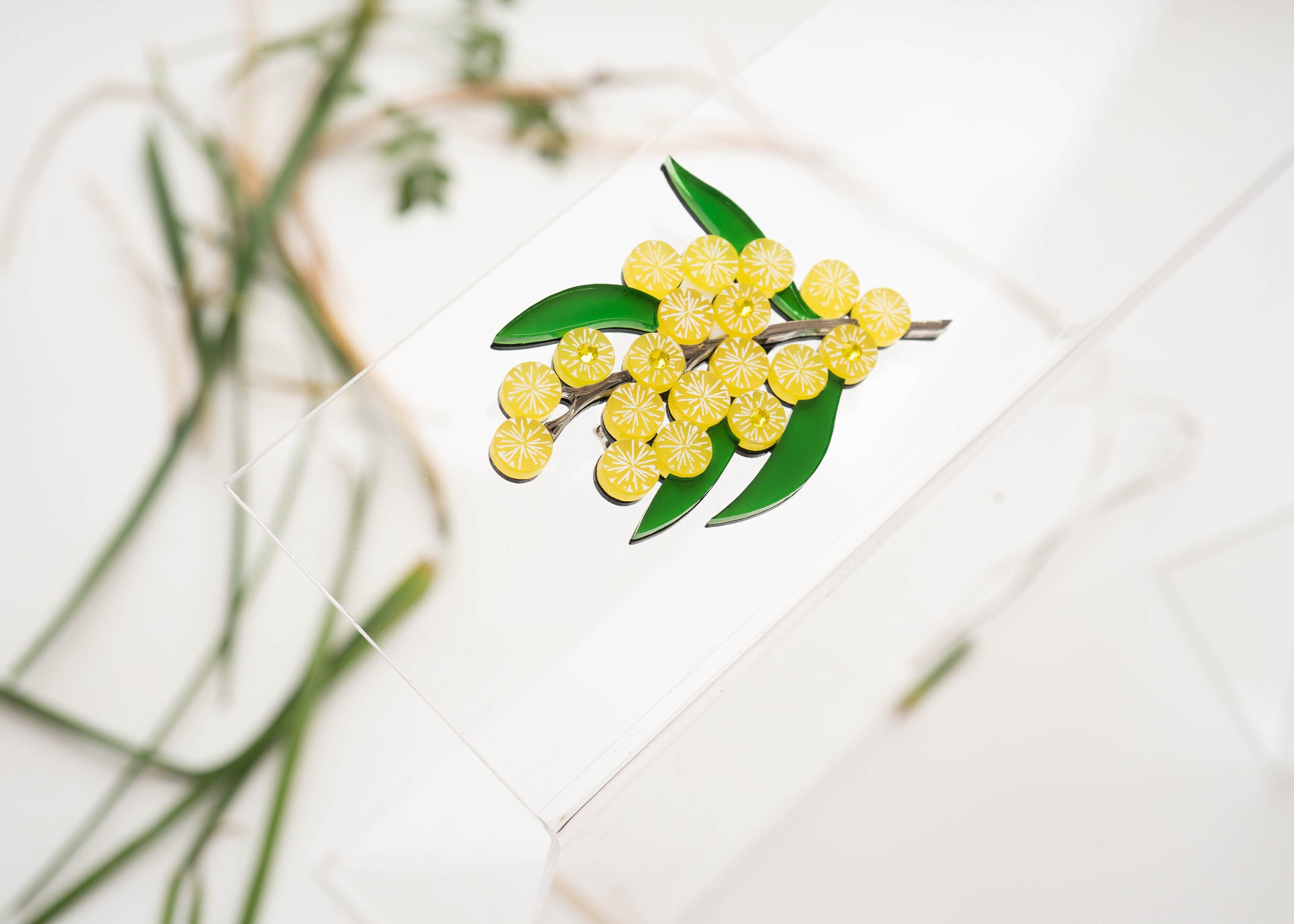 Golden wattle flower acrylic brooch handmade beautiful Etsy