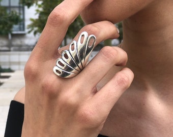 Long Silver Ring, Peacock Ring, Statement Ring, Artisan Ring, Silver Feather Ring, Leaf Ring, Heavy Ring, Artistic Ring, Solid Silver Ring