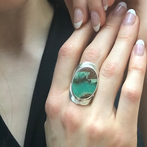 Chrysoprase Ring, Natural Chrysoprase, Statement Ring, Large Oval Ring, Raw Metrix Chrysoprase, Long Ring, Big Green Ring, Solid Silver Ring