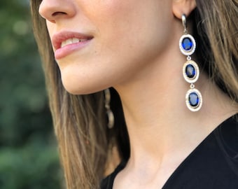Sapphire Earrings, Long Sapphire Earrings, Created Sapphire, Statement Earrings, Dangle Earrings, Unique Earrings, Long Silver Earrings