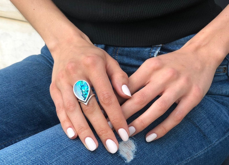 Solid Silver Ring Pearl Shell Ring Mother of Pearl Blue Shell Ring Flat Ring Teardrop Ring Ocean Ring Leaf Ring Blue Green Ring