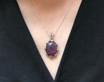 Ruby Pendant, Natural Ruby, June Birthstone, Silver Oval Pendant, Real Ruby Pendant, Statement Pendant, Big Ruby Pendant, 925 Silver Pendant