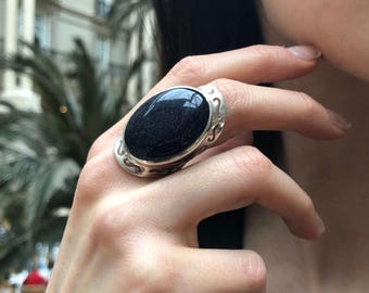 Sandstone Ring, Statement Ring, Night Sky Ring, Artistic Ring, Large Ring, Large Sandstone Ring, Black Ring, Sparkly Ring, Solid Silver Ring