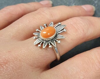 Engel Koralle Ring, Koralle Ring, Natürliche Koralle Ring, März Geburtsstein, Silber Blume Ring, Rosa Koralle Ring, Vintage Koralle Ring, 925 Silber Ring
