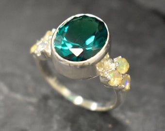 Emerald Ring, Created Emerald, Green Emerald Ring, Victorian Ring, Vintage Green Ring, Green Oval Ring, Natural Opal Ring, Solid Silver Ring