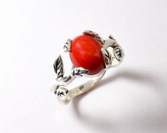 Red Coral Ring, Natural Coral, Leaf Ring, Boho Ring, Vintage Ring, Branch Ring, Red Boho Ring, Solitaire Ring, Silver Ring, Rare By Adina