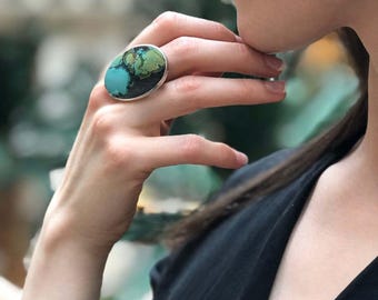 Statement Ring, Natural Turquoise Ring, Large Oval Ring, December Birthstone, Sleeping Beauty, Vintage Ring, Artisan Ring, Solid Silver Ring