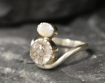 Rutilated Quartz Ring, Natural Opal Ring, Fire Opal Ring, Two Stone Ring, October Birthstone Ring, Unique Silver Ring, Rare by Adina