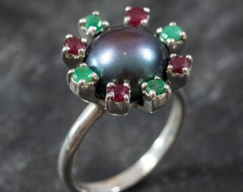 Silver Pearl Ring, Real Black Pearl, June Birthstone Ring, Black Pearl Ring, Mothers Birthstone Ring, Vintage Pearl Ring, Rare By Adina