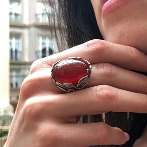 Red Agate Ring, Agate Ring, Natural Agate, August Birthstone, Silver Leaf Ring, Red Statement Ring, Red Carnelian Ring, Solid Silver Ring